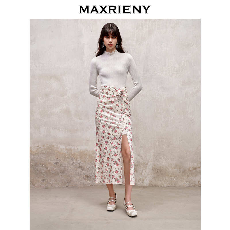 【老板娘夏天】MAXRIENY冬百搭半身裙长款开叉碎花高腰显瘦
