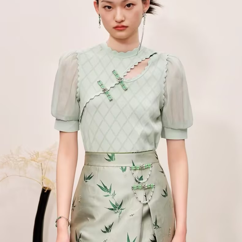 【老板娘夏天】MAXRIENY新中式格纹镂空套头针织上衣薄荷漫波风