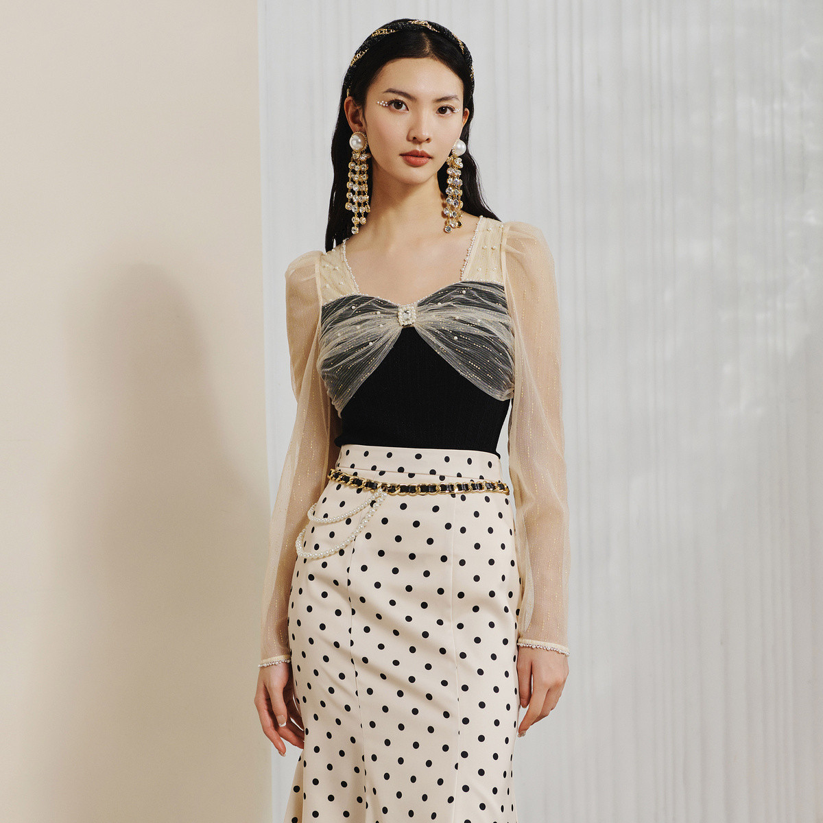 【蜜思仝】MAXRIENY宫廷风网纱针织拼接上衣女假两件针织衫