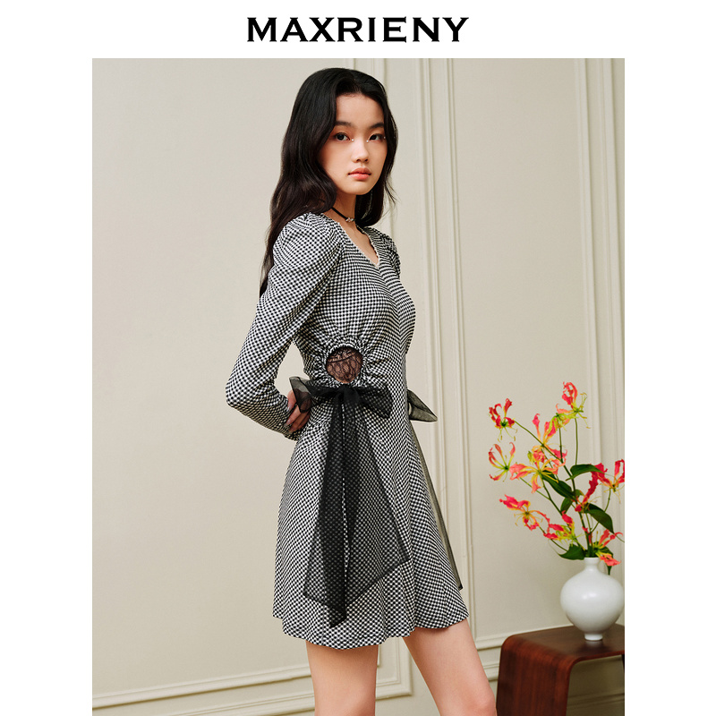 【林一专属】MAXRIENY千鸟格纹针织连衣裙气质新款镂空设计感女
