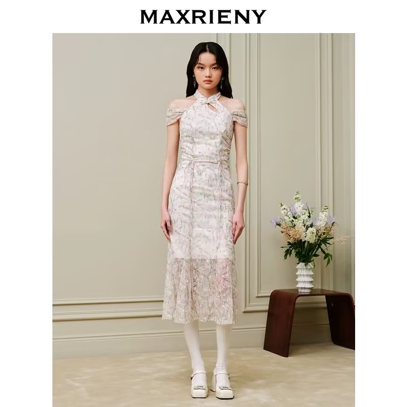 MAXRIENY仙美国风新中式印花连衣裙立领设计唯美裙