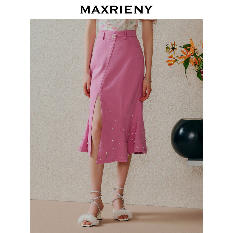 【蜜思仝】MAXRIENY法式浪漫开叉设计感鱼尾裙钉珠牛仔半身裙
