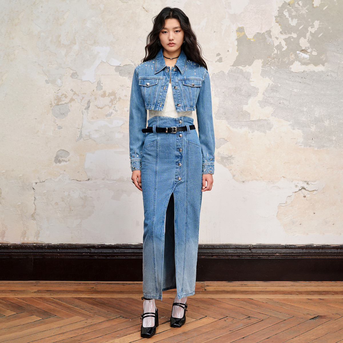 【毛毛专属】MAXRIENY高腰斜开叉牛仔长裙早秋小众设计感半裙