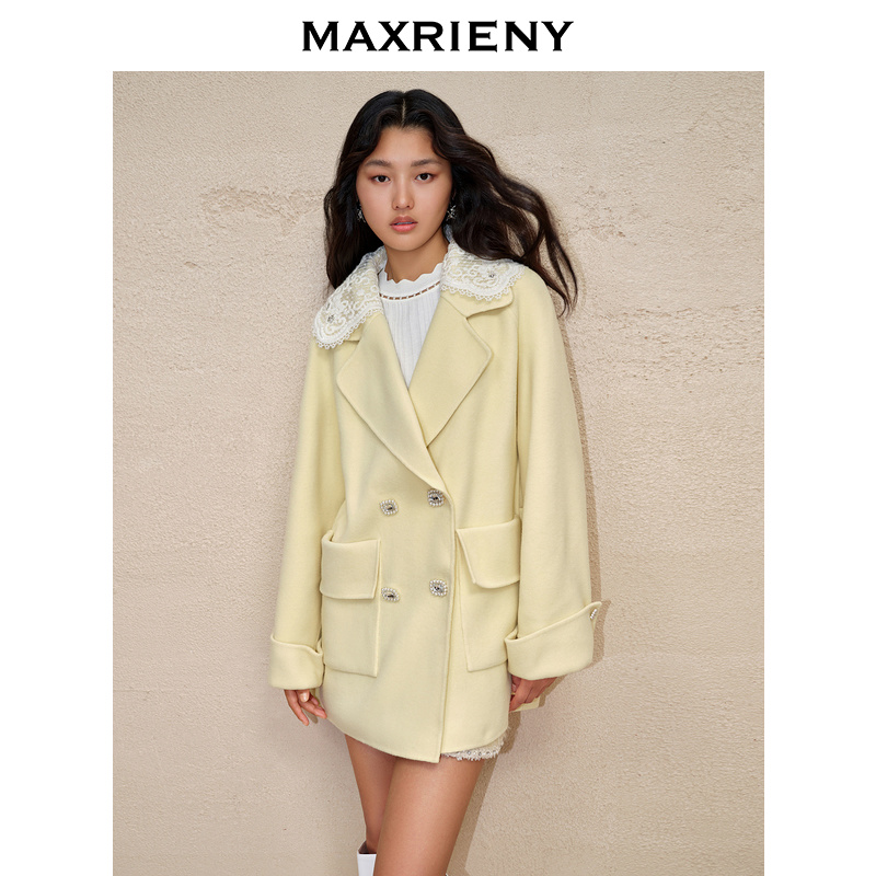 【达人专属】MAXRIENY精致复古宽松廓形羊毛毛呢外套刺绣大衣