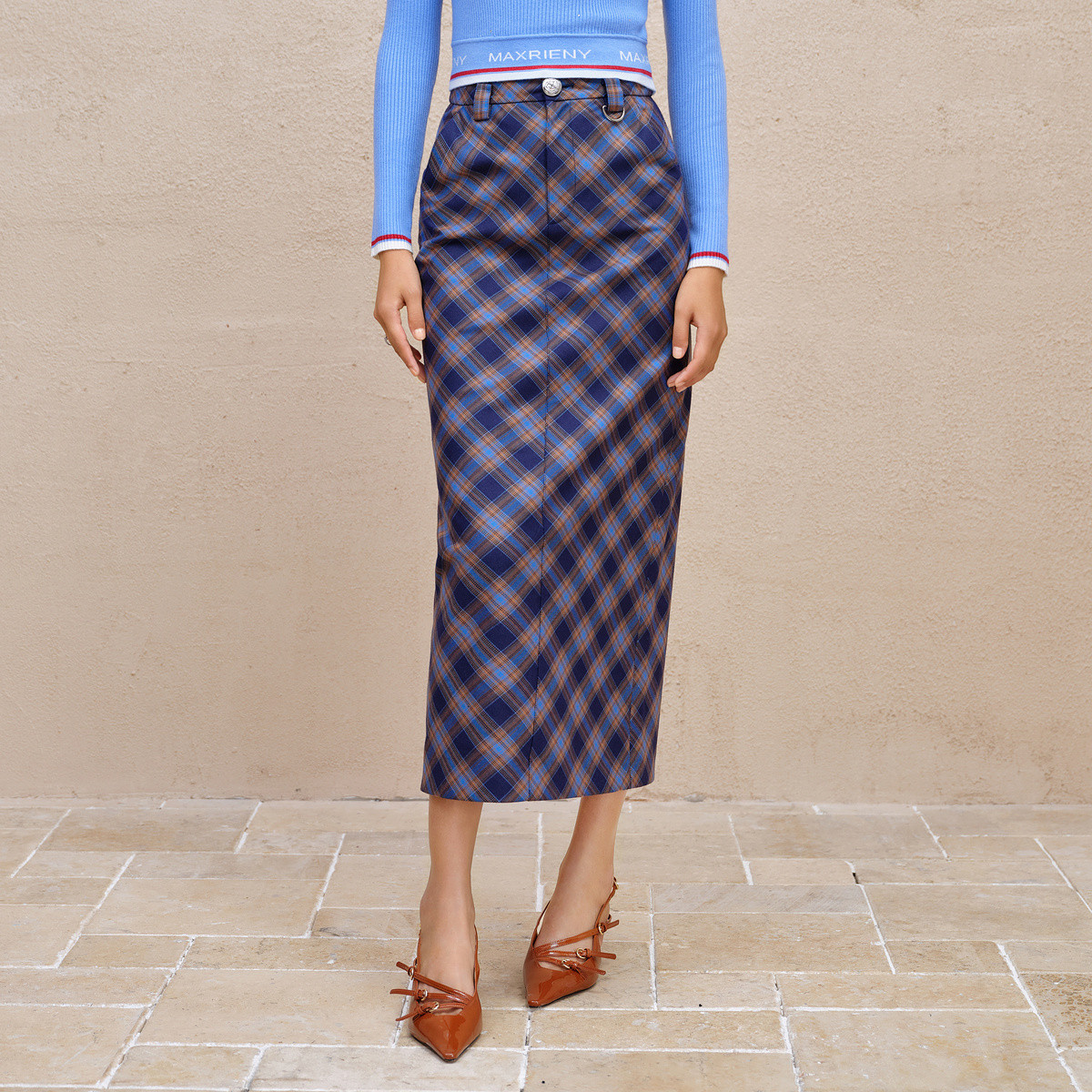 【高高甄选】MAXRIENY格纹直筒半裙秋冬梭织绵羊毛高腰裙子