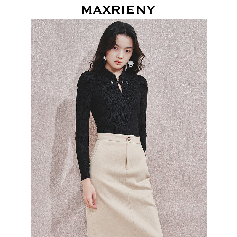 【KK专属】MAXRIENY上衣收腰显瘦女秋冬领泡泡袖套头针织衫