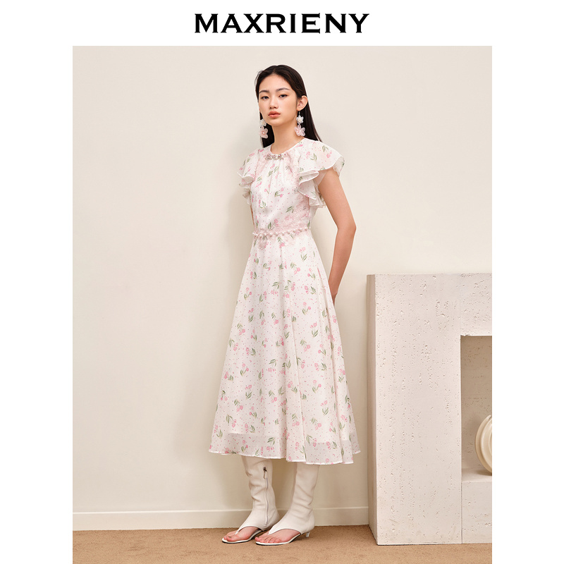 【蜜思仝】MAXRIENY欧式连衣裙温柔碎花雪纺裙蕾丝气质复古国风法式