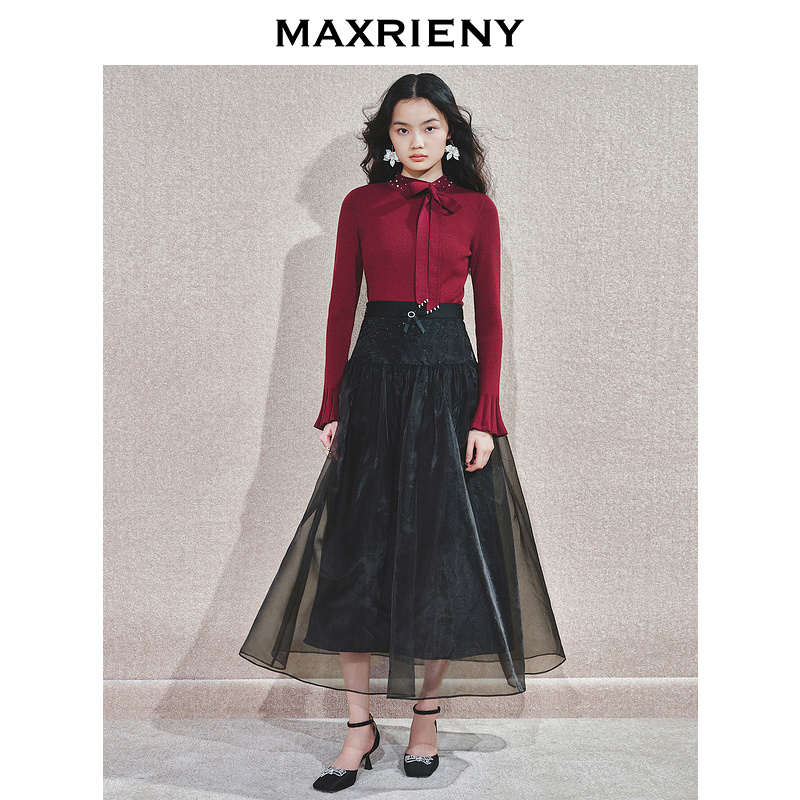 【陈大可专属】MAXRIENY优雅半身裙冬复古感A摆轻纱收腰裙子