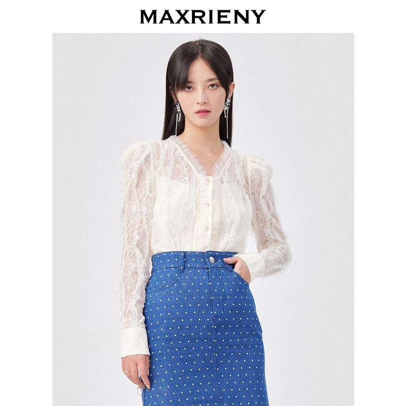 【高高甄选】MAXRIENY白色蕾丝公主上衣女春款V领泡泡袖衬衫