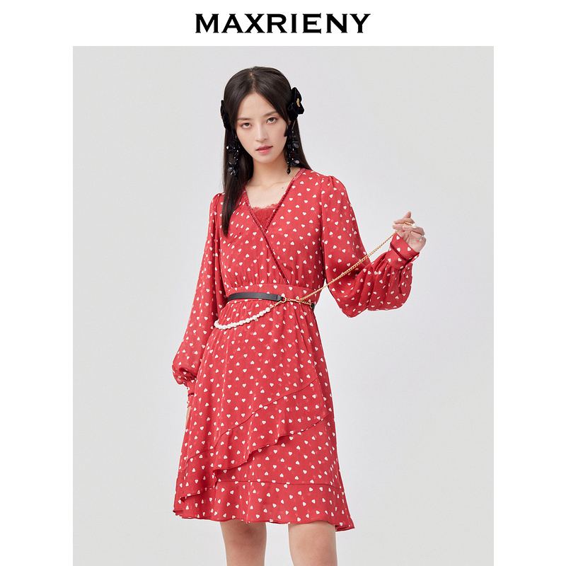 【老板娘夏天】MAXRIENY茶歇裙女春款V领蕾丝连衣裙气质时尚夏季