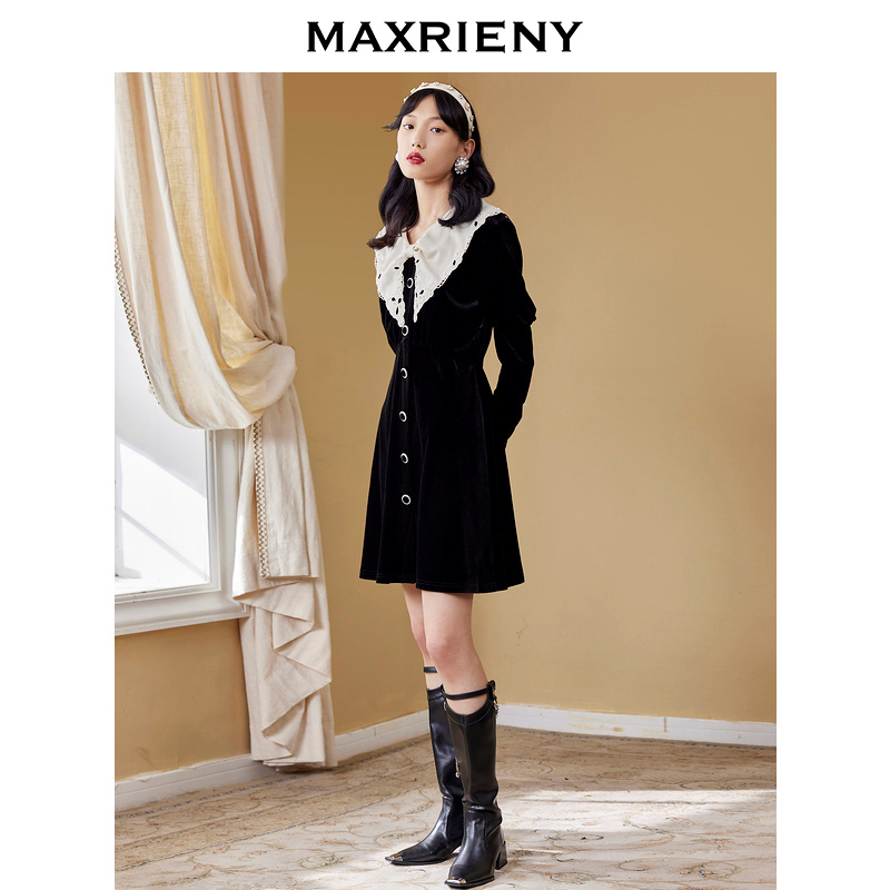 【芊芊专属】MAXRIENY法式赫本丝绒小黑裙秋季连衣裙蝴蝶结