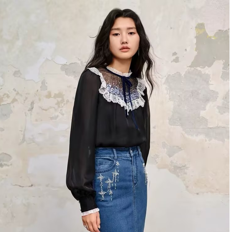【林一专属】MAXRIENY精致感流星珠片衬衫上衣蕾丝雪纺衫长袖