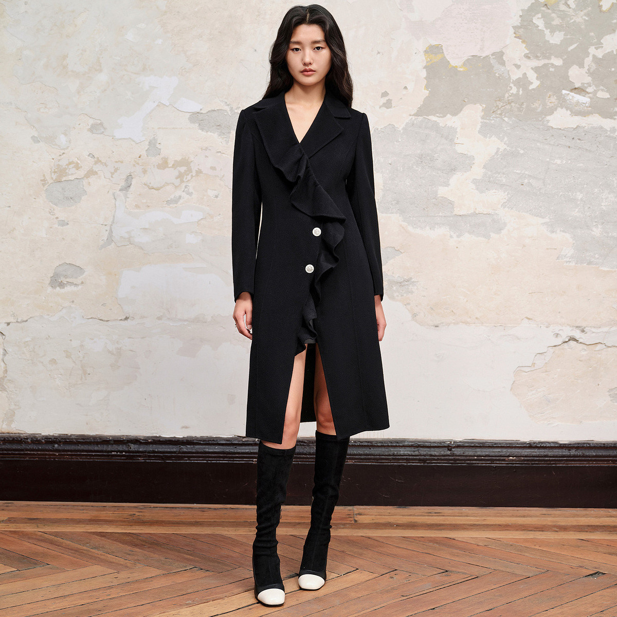 【KK专属】MAXRIENY星钻大衣荷叶边翻领双面呢棉羊毛外套