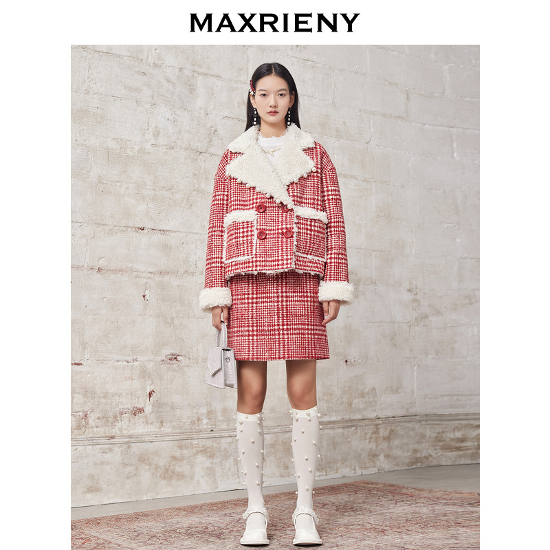 【老板娘夏天】MAXRIENY圣诞粗花呢千鸟格A字裙格字半身短裙时尚