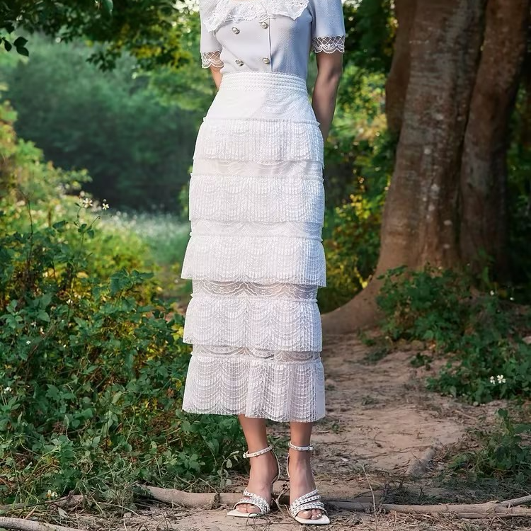 【蜜思仝】MAXRIENY蕾丝蛋糕裙夏白色复古半裙