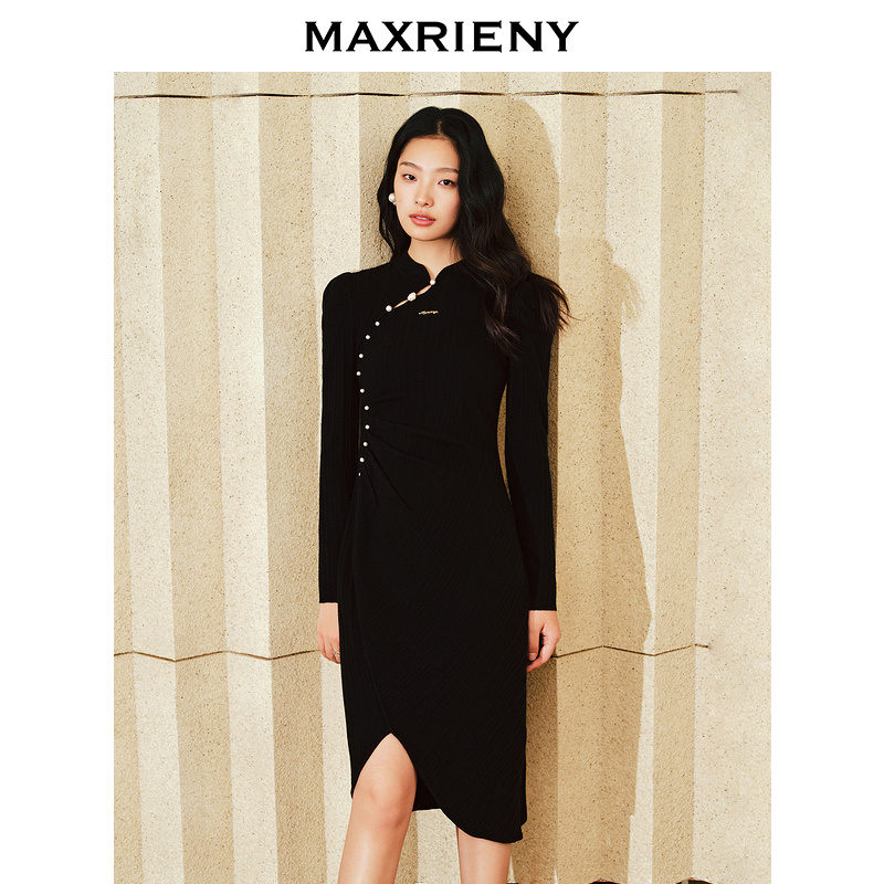 【KK专属】MAXRIENY复古国风珍珠扣抽褶立领连衣裙改良旗袍