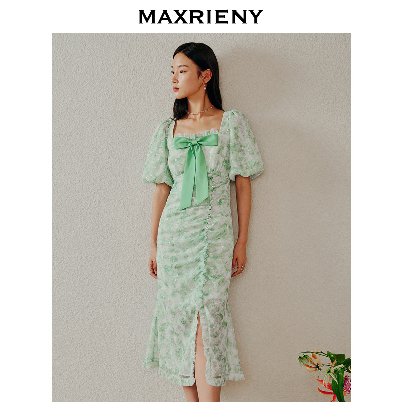 【老板娘天】MAXRIENY四叶草连衣裙薄荷曼波田园裙子泡泡袖茶歇裙