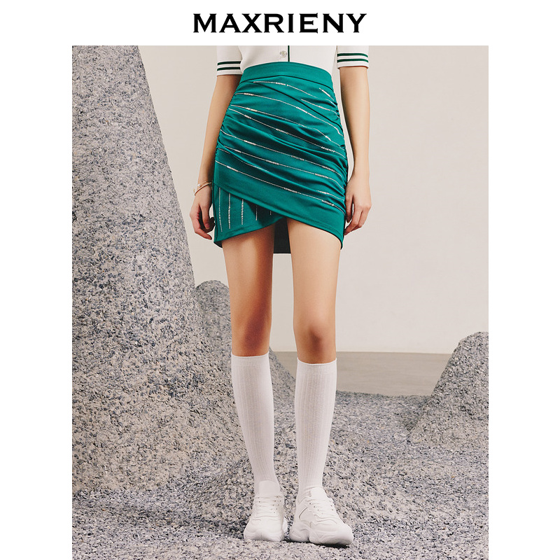 【彭彭echo专属】MAXRIENY祖母绿不规则烫钻半裙设计感包臀高腰裙子