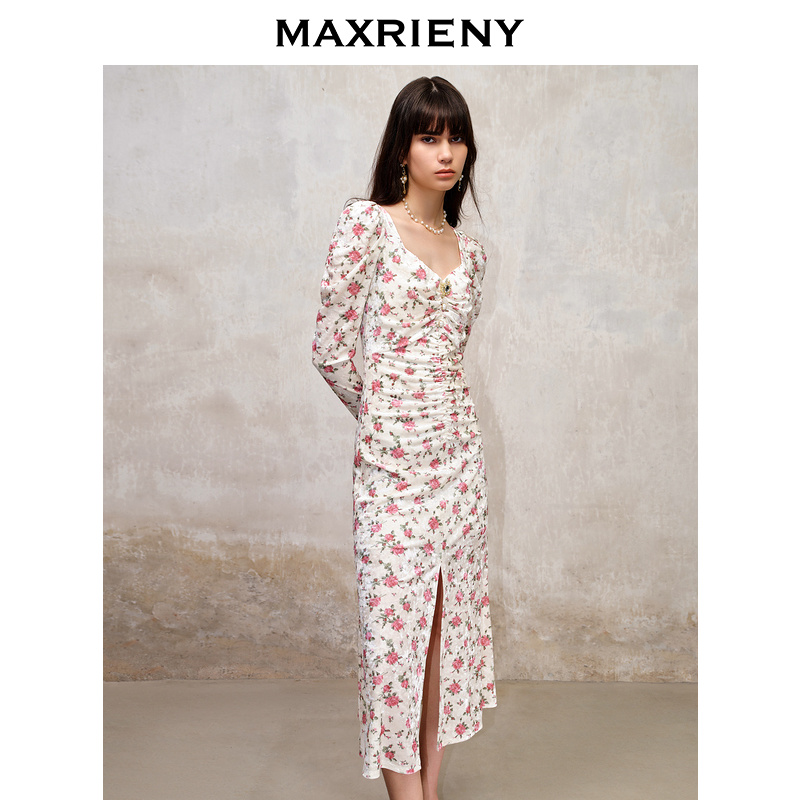 【高高甄选】MAXRIENY秋长袖连衣裙时尚碎花修身高腰针织法式