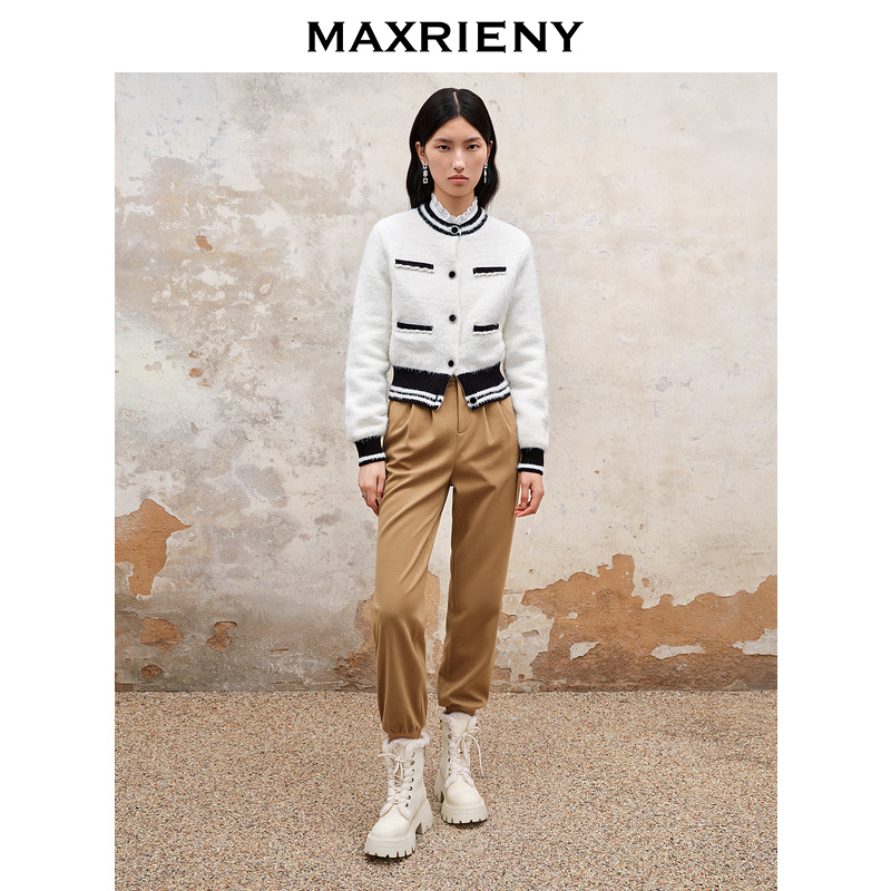 【芊芊专属】MAXRIENY美拉德配色针织裤女秋冬新款褶皱工装裤子复古