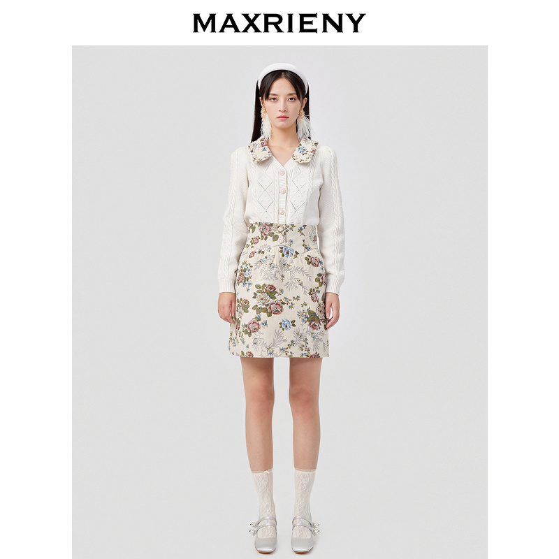 【陈大可 专属】MAXRIENY复古扭花开衫外套女截短毛针织上衣小香风