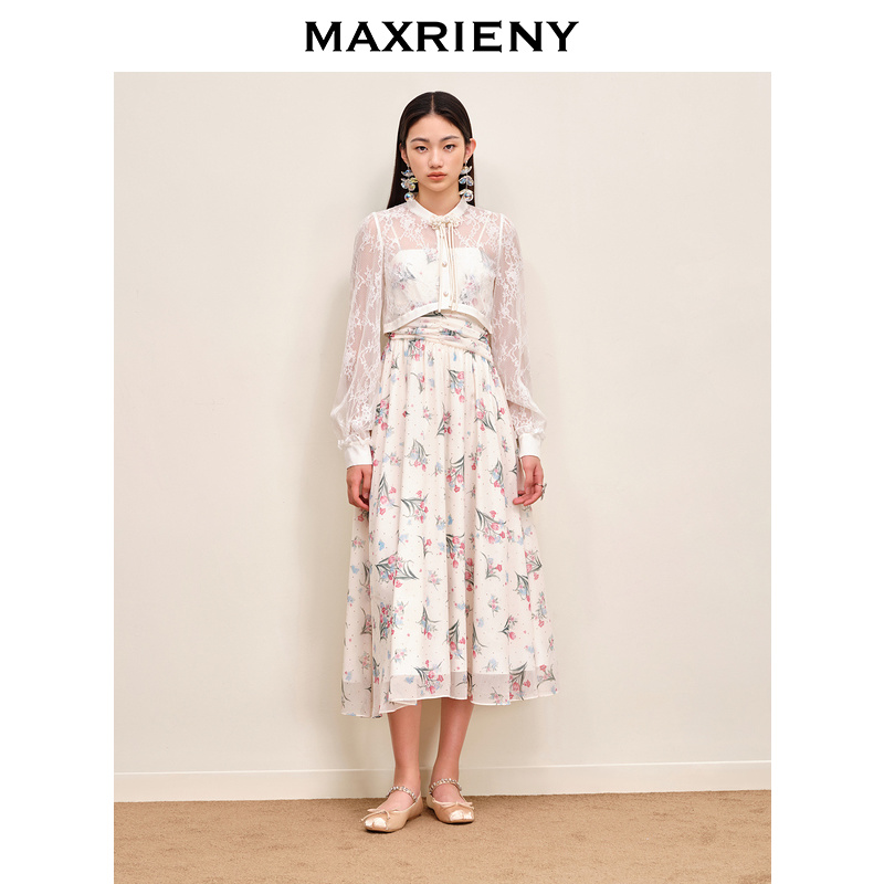 【芊芊专属】MAXRIENY仙美风印花连衣裙蕾丝收腰碎花日常长袖优雅