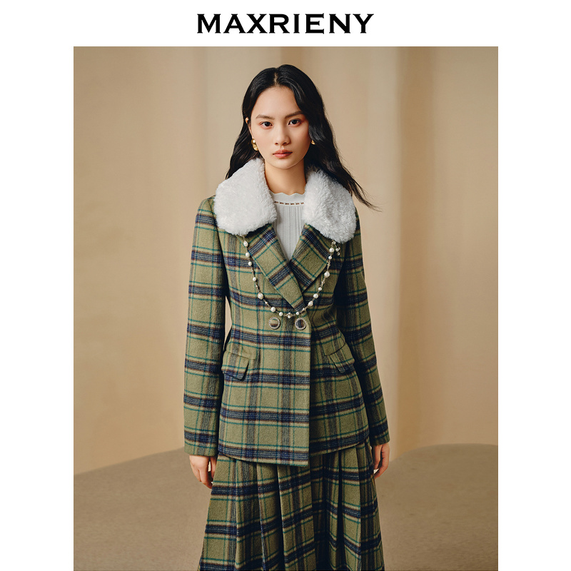【芊芊专属】MAXRIENY宫廷风收腰格纹毛领外套女毛呢外套气质