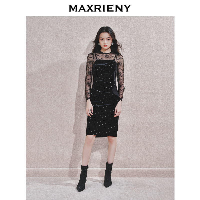【芊芊专属】MAXRIENY年新款真两件丝绒烫金显贵显瘦连衣裙