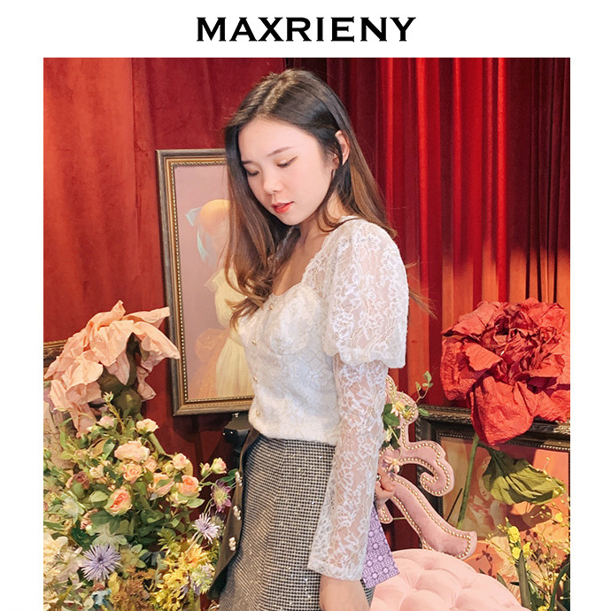 【彭彭echo专属】MAXRIENY镂空蕾丝上衣白色气质设计感小众修身女