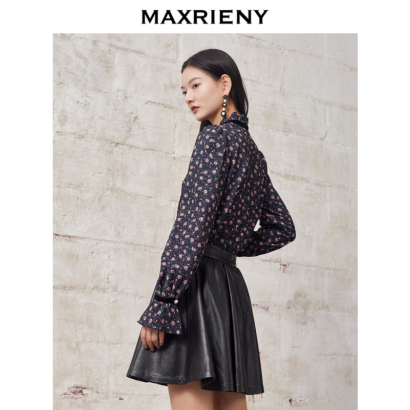【蜜思仝】MAXRIENY碎花娃娃衫复古木耳边衬衣百褶时尚黑色