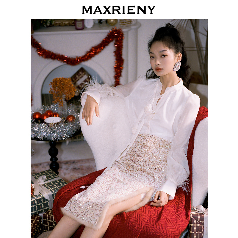 【陈大可 专属】MAXRIENY玫瑰设计v领衬衫女冬季衬衣通勤上衣