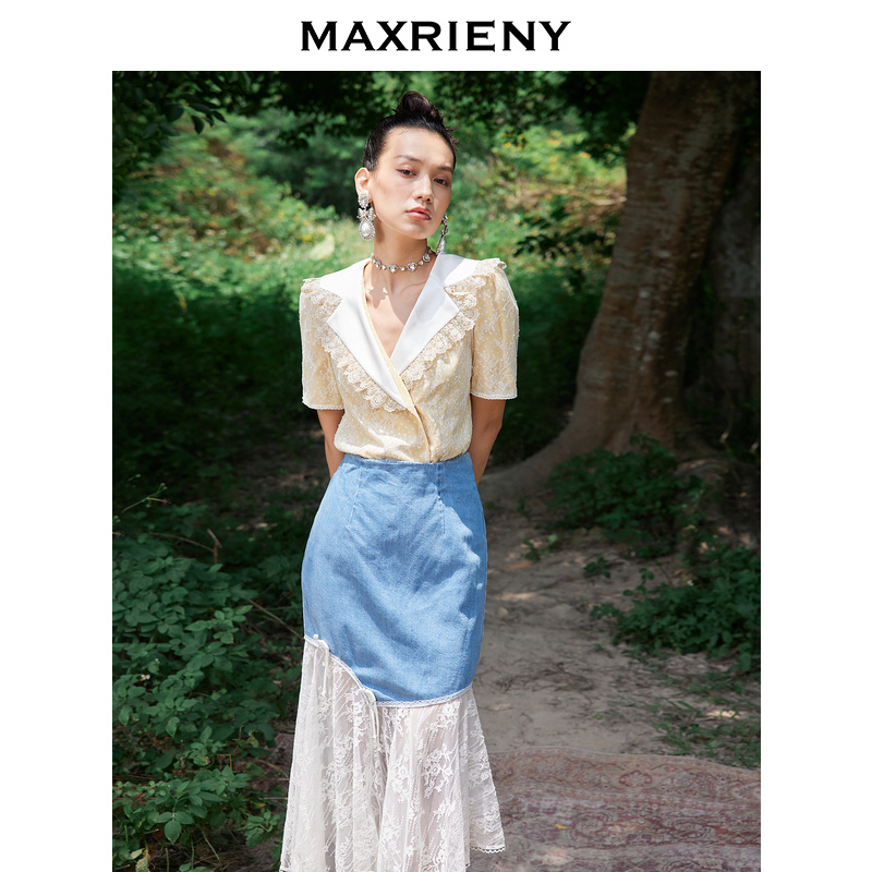 【彭彭echo专属】MAXRIENY牛仔裙蕾丝半身裙设计感不规则拼接短裙