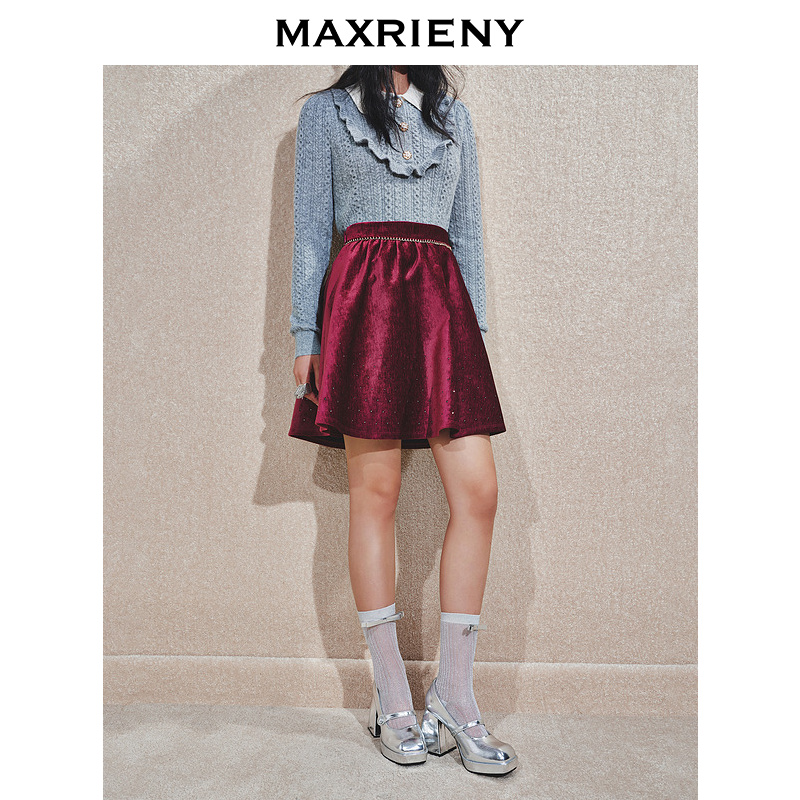 【林一专属】MAXRIENY精致丝绒冬新款安哥拉红A字高腰包臀短裙