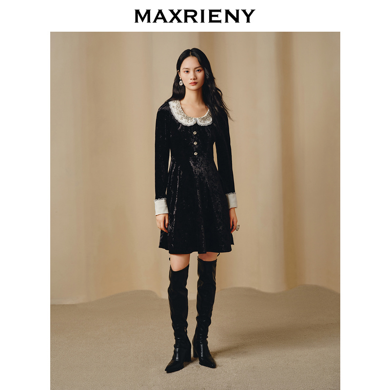 【高高甄选】MAXRIENY精致赫本华丽风重工钉珠连衣裙丝绒裙女装蕾丝