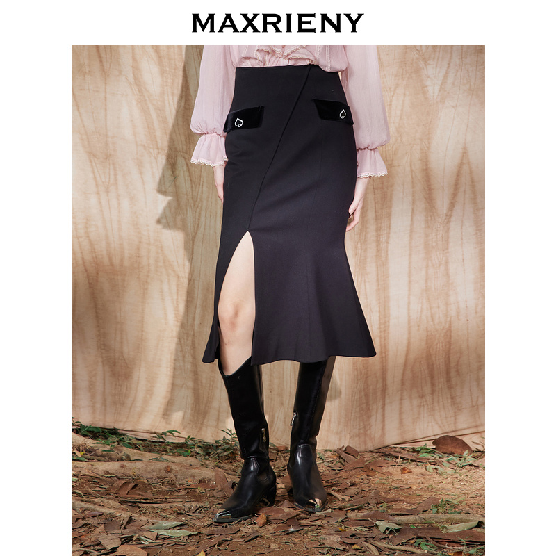 【彭彭echo专属】MAXRIENY黑桃钉珠鱼尾裙复古开叉半裙中长半身裙