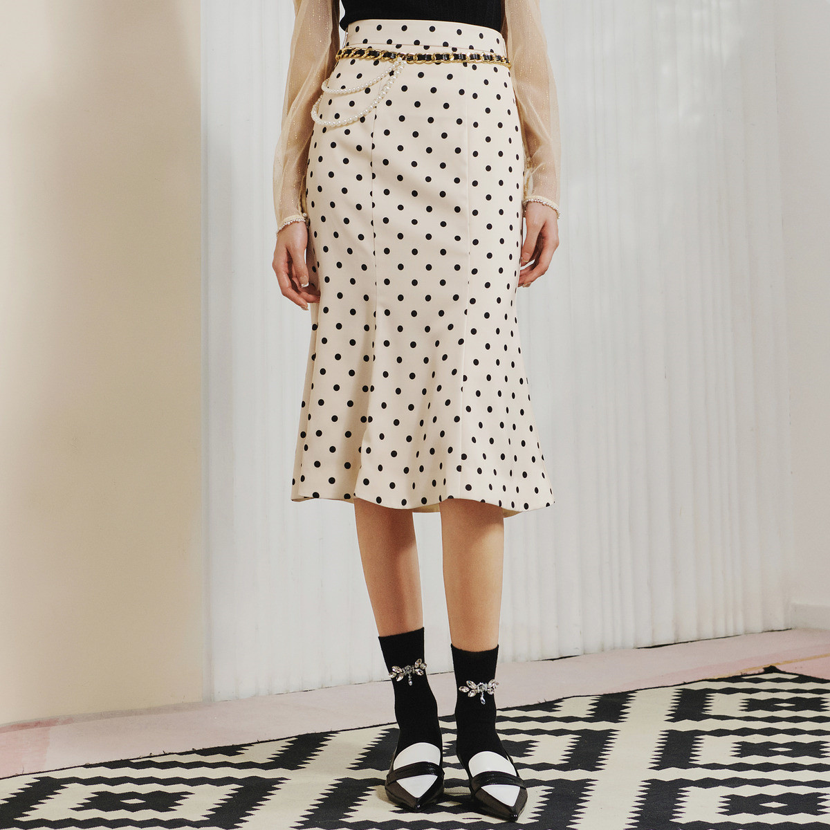 【彭彭echo专属】MAXRIENY经典感波点腰链鱼尾裙高腰包臀半裙