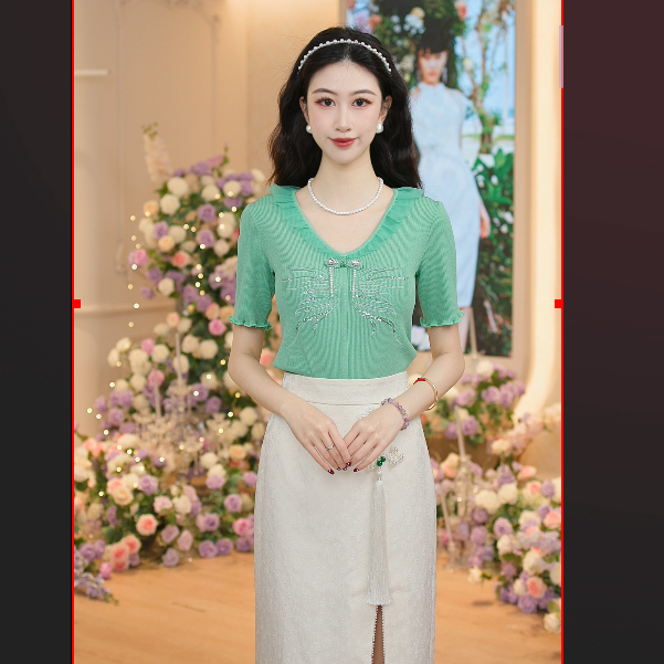 【芊芊专属】新款鱼戏莲叶间|MAXRIENY刺绣荷叶边v领毛织开衫上衣