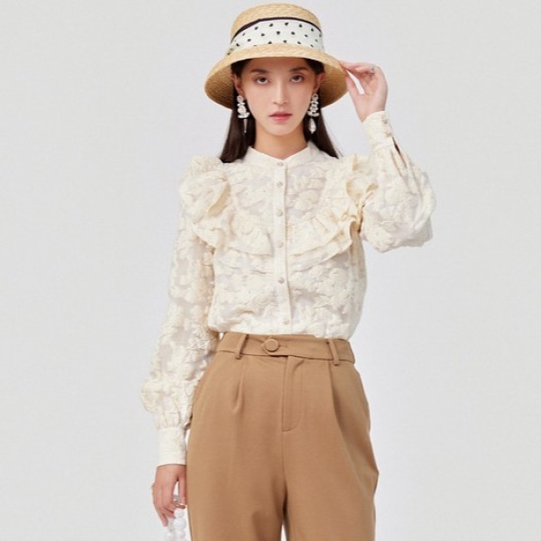 【陈大可 专属】MAXRIENY木耳边衬衫女春新款复古提花百搭白衬衣