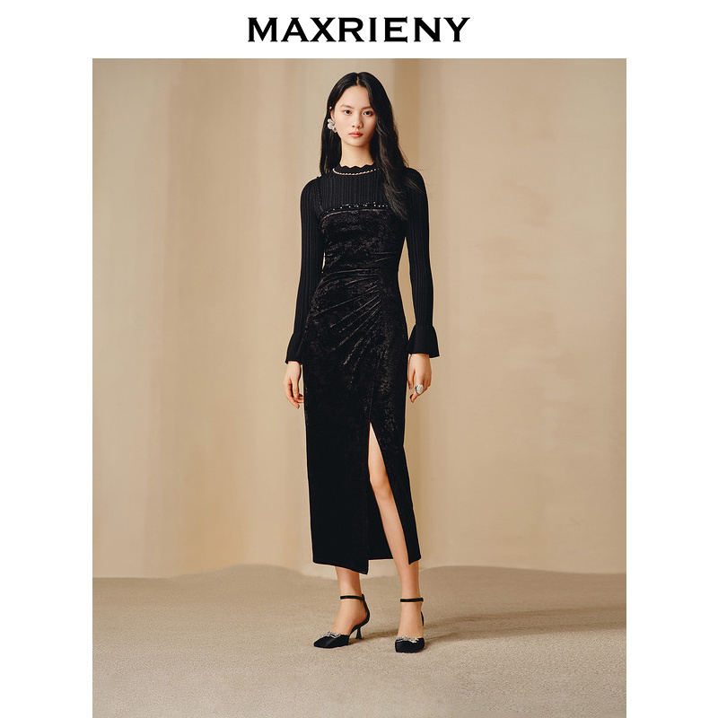 【初依专属】MAXRIENY华丽复古重工钉珠连衣裙丝绒长裙
