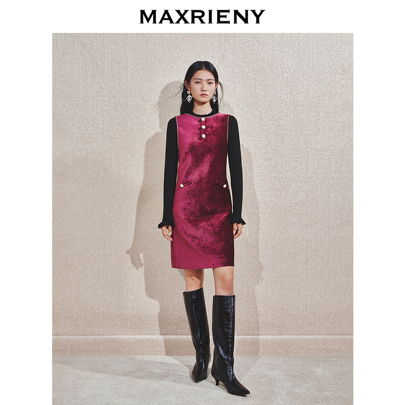 【KK专属】MAXRIENY精致高级感雪尼尔无休连衣裙24冬新款安哥拉红