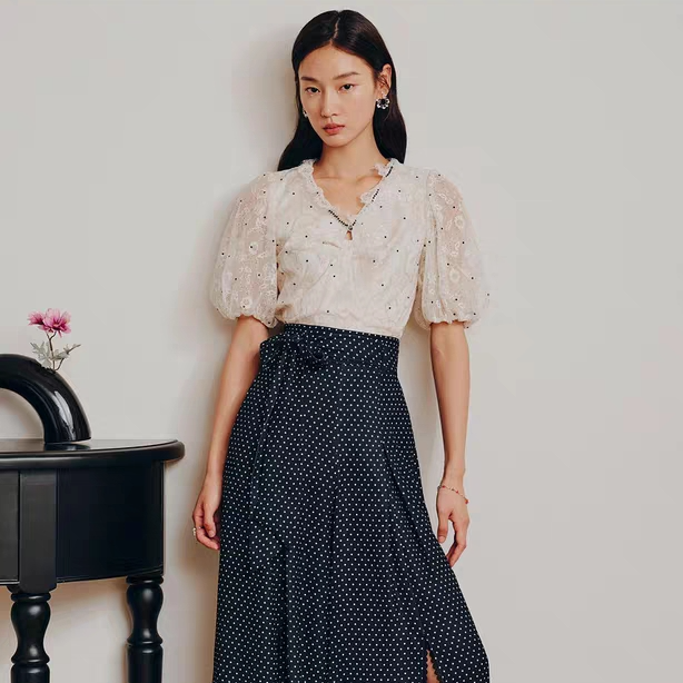 M271【赵老板专属】MAXRIENY复古赫本风 泡泡袖雪纺衫短袖上衣女