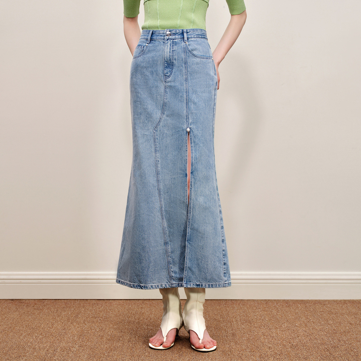 【彭彭echo专属】maxrieny经典鱼尾版型牛仔裙都市率性牛仔开叉半裙