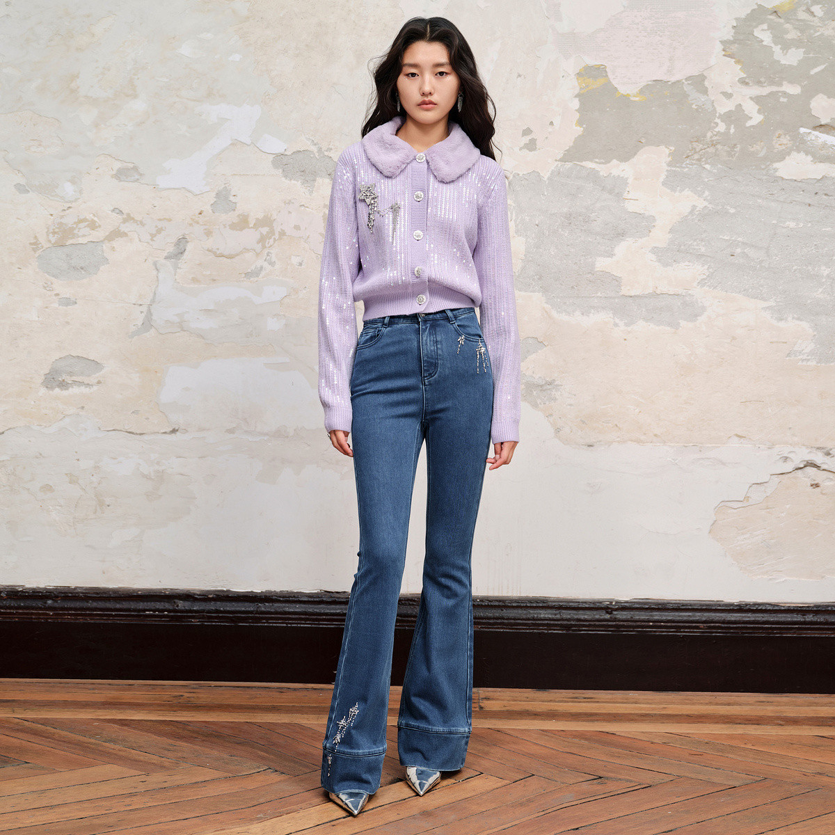 【林一专属】MAXRIENY流星钉钻牛仔长裤高腰修身微喇休闲裤