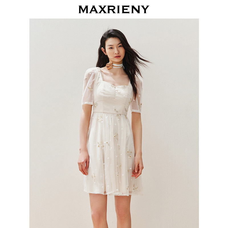 【蜜思仝】MAXRIENY华丽复古网纱绣花连衣裙2024夏季新款裙子小白裙