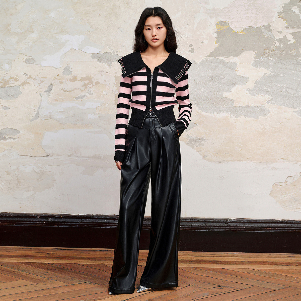 【蜜思仝】MAXRIENY美拉德阔腿皮裤女宽松辣妹蛋白皮拖地裤