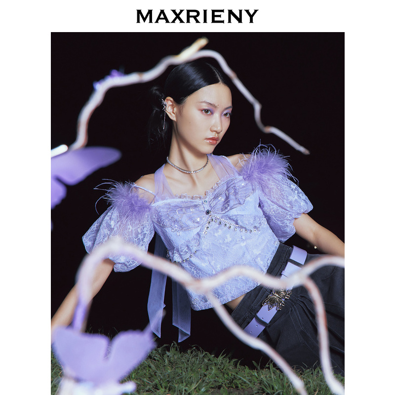 【媛媛女王】MAXRIENY蝴蝶仙紫氛围感十足显白显瘦蕾丝衫薄荷曼波