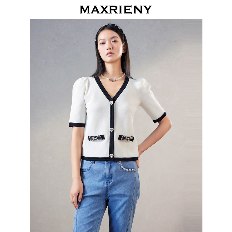 【彭彭echo专属】MAXRIENY小香风开衫女短袖蝴蝶结毛针织上衣