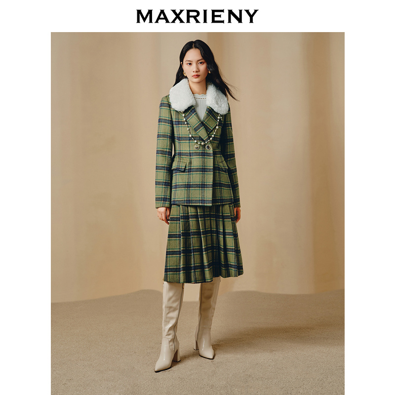 【达人专属】MAXRIENY复古学院风A摆格纹百褶半裙羊毛裙半身毛呢裙