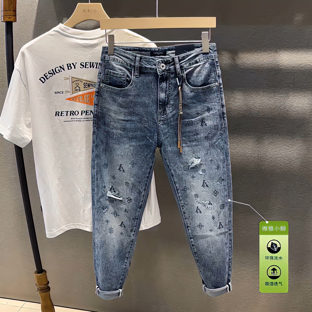 设计感印花九分裤男薄款牛仔欧洲站修身小脚破洞补丁男士长裤吸湿