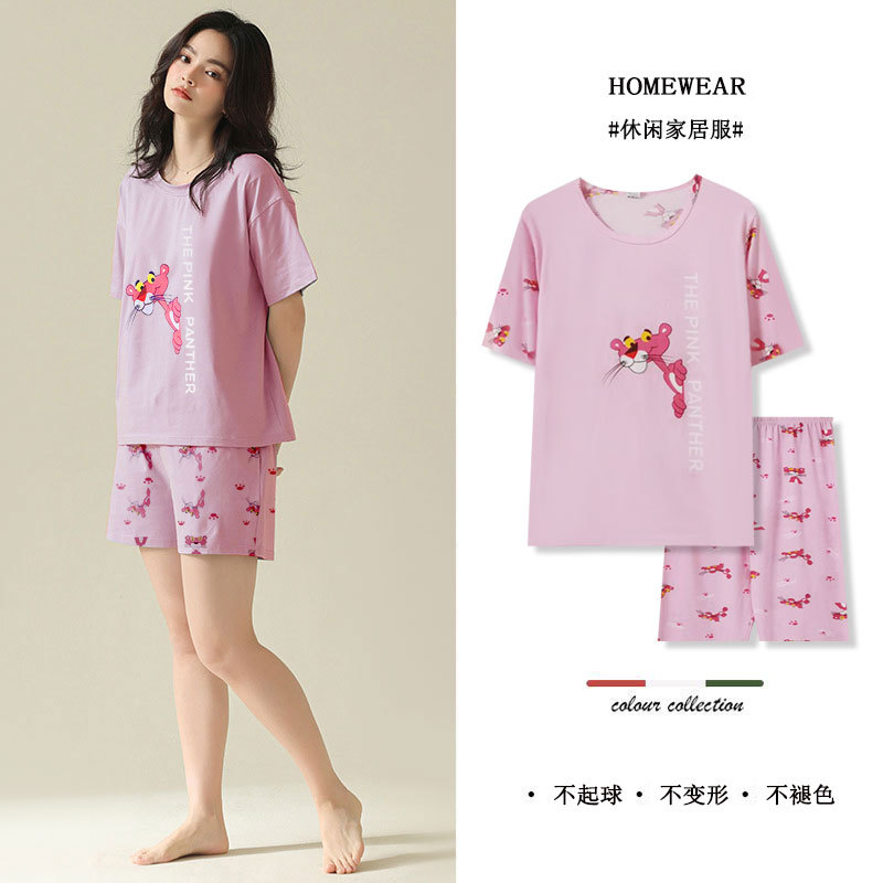 睡衣女夏季2025薄款短袖短裤可爱卡通少女生夏天粉红豹家居服套装